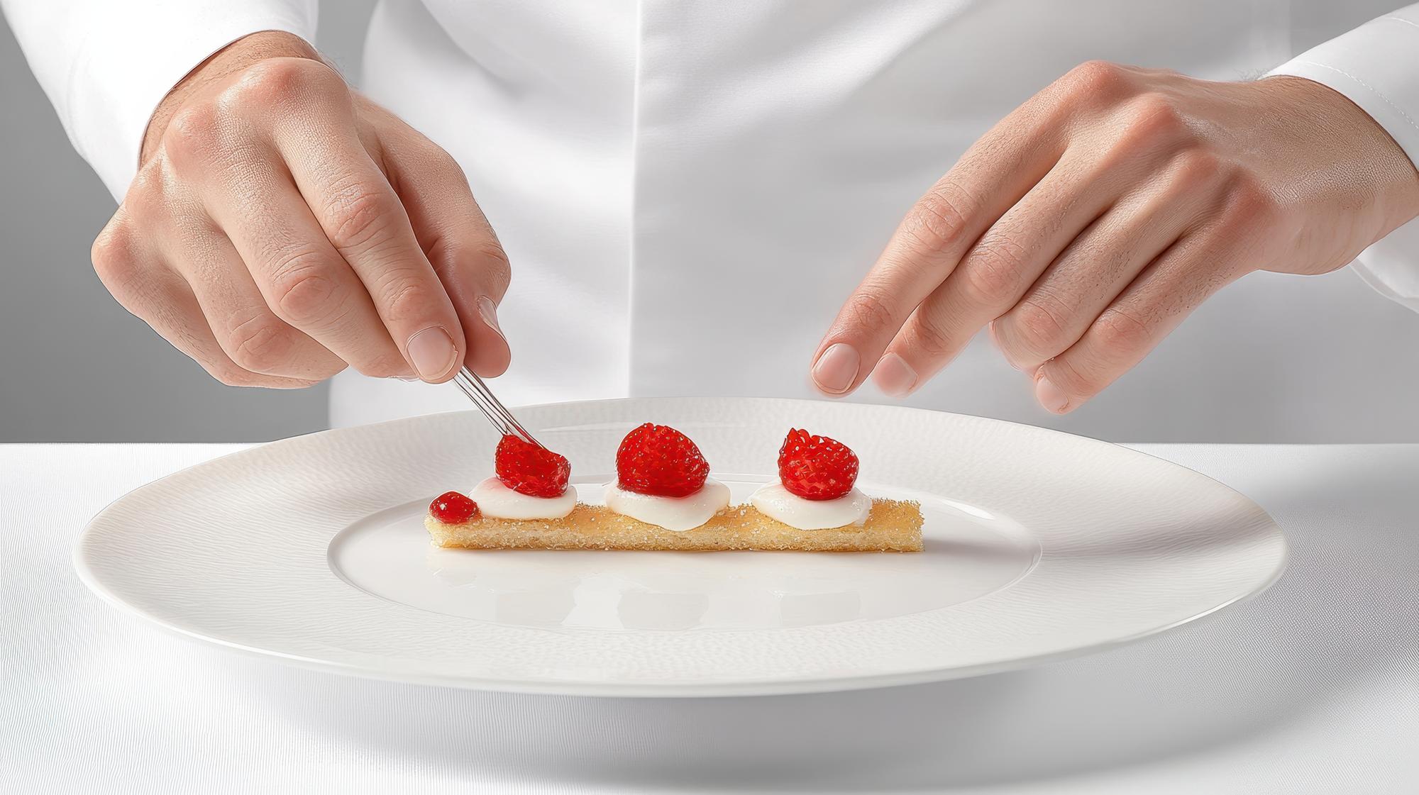 Chef plating dessert in studio light