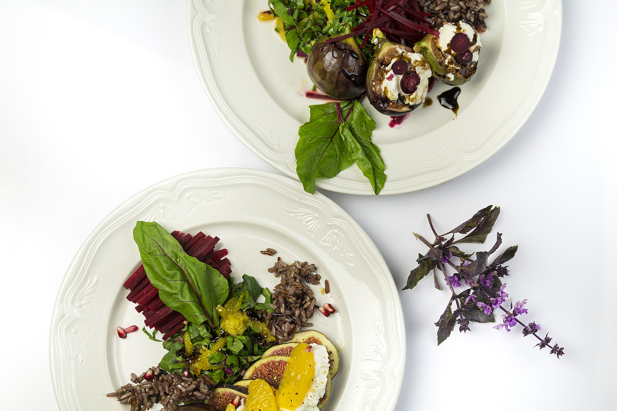 Close-up of plated seasonal dish with herbs